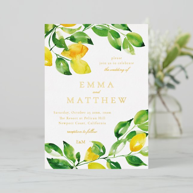 Watercolor Summer Lemon Foil Invitation (Standing Front)