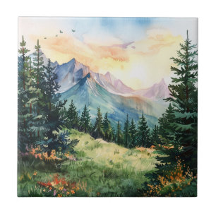 Watercolor Summer Mountain Ceramic Tile