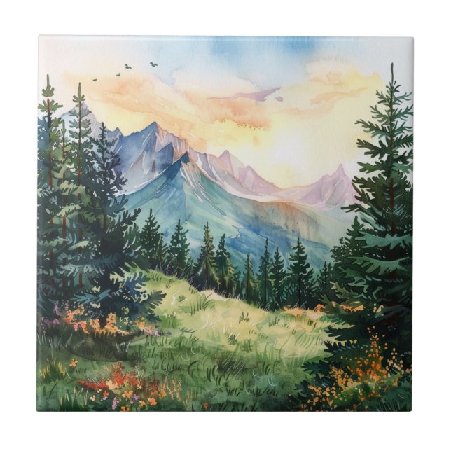 Watercolor Summer Mountain Ceramic Tile (Front)