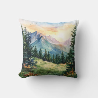 Watercolor Summer Mountain Throw Pillow