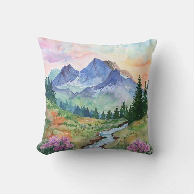 Watercolor Summer Mountain Throw Pillow (Front)