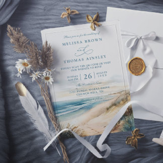 Watercolor Summer Ocean Beach QR Code Wedding Invitation