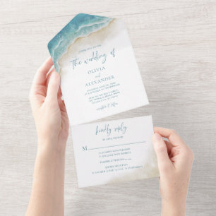Watercolor Summer Ocean Beach Wedding All In One Invitation