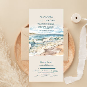 Watercolor Summer Ocean Beach Wedding All In One Invitation