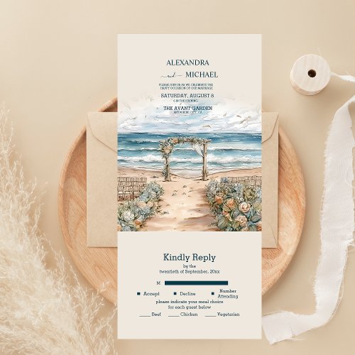 Watercolor Summer Ocean Beach Wedding All In One Invitation