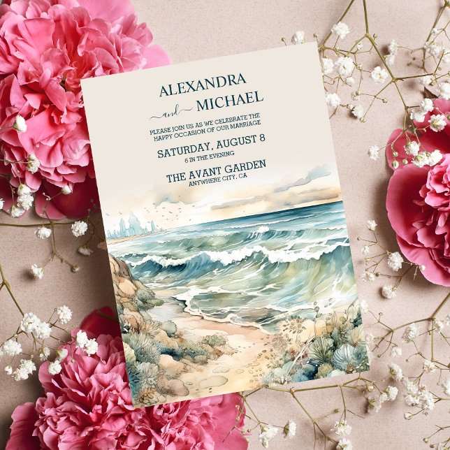 Watercolor Summer Ocean Beach Wedding Invitation (Creator Uploaded)