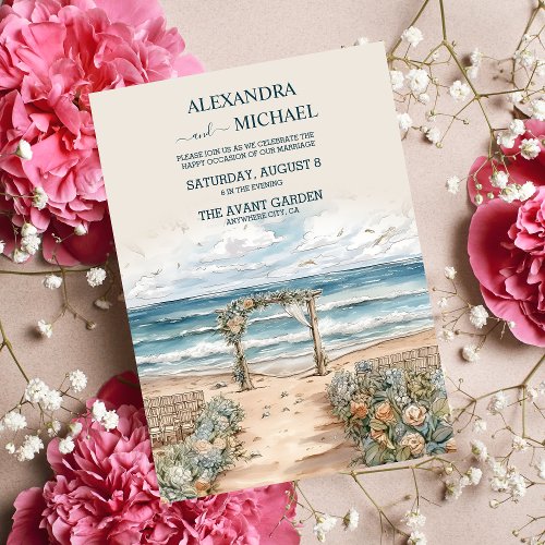 Watercolor Summer Ocean Beach Wedding Invitation