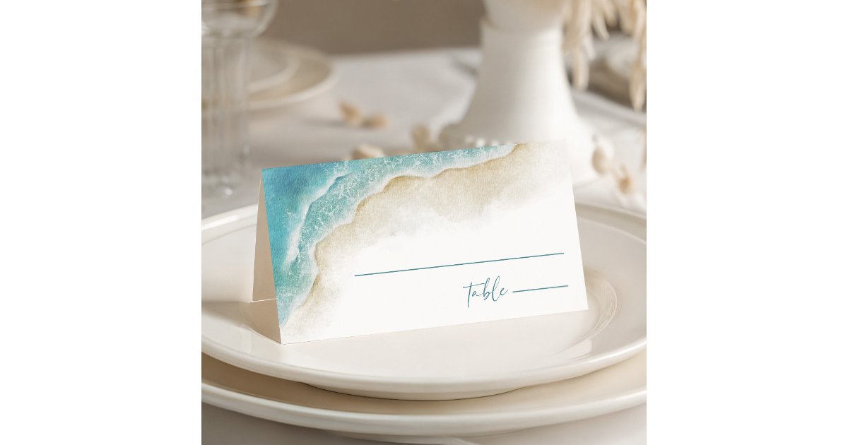 Watercolor Summer Ocean Beach Wedding Place Card | Zazzle