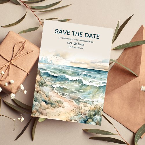 Watercolor Summer Ocean Beach Wedding Save The Date