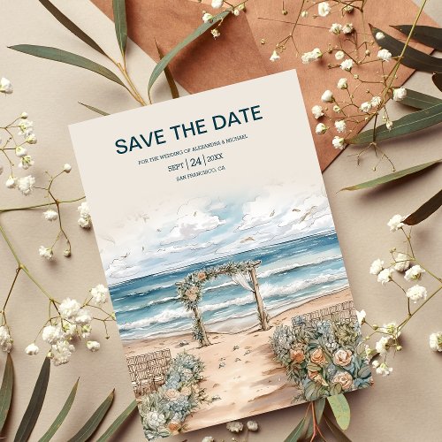 Watercolor Summer Ocean Beach Wedding Save The Date