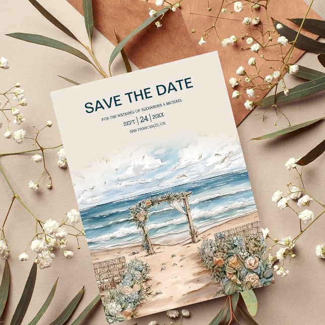 Watercolor Summer Ocean Beach Wedding Save The Date (Creator Uploaded)