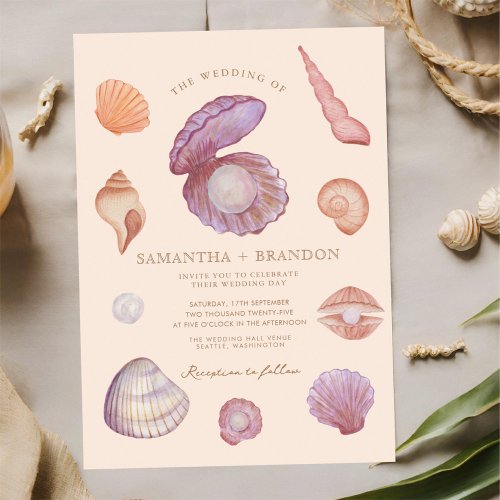 Watercolor summer Ocean Seashell pearl Wedding Invitation