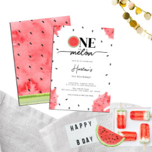 Watercolor Summer ONE in a Melon Red Watermelon Invitation