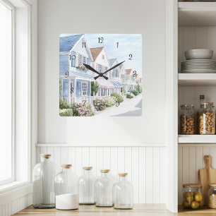 Watercolor Summer Pastel Coastal Cottages Square Wall Clock