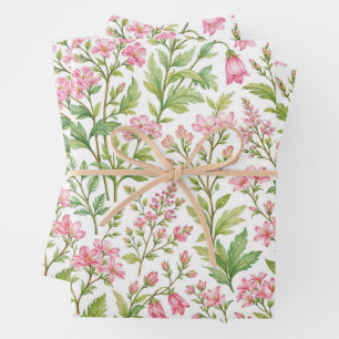 Watercolor Summer Pink Flowers with Green Leaves Wrapping Paper Sheets