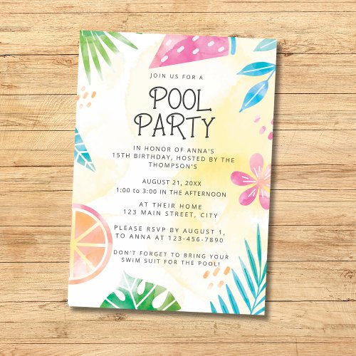 Watercolor Summer Pool Party Invitation