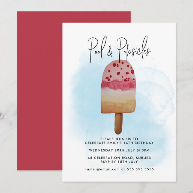 Watercolor Summer Pool & Popsicle Party Birthday Invitation (Front/Back)