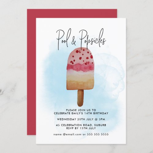 Watercolor Summer Pool  Popsicle Party Birthday Invitation