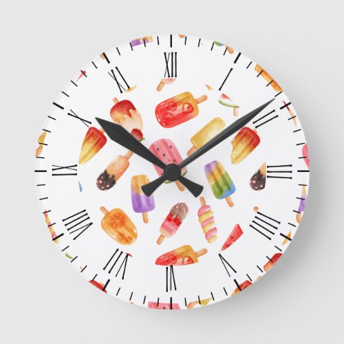 Watercolor Summer Popsicles Pattern Round Clock