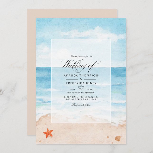 Watercolor Summer  QR Code RSVP Beach Wedding Invitation (Front/Back)