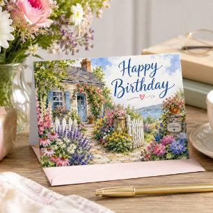 Watercolor Summer Seaside Cottage Garden Birthday Card
