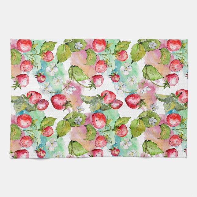 Watercolor Summer Strawberry Pattern Kitchen Towel (Horizontal)