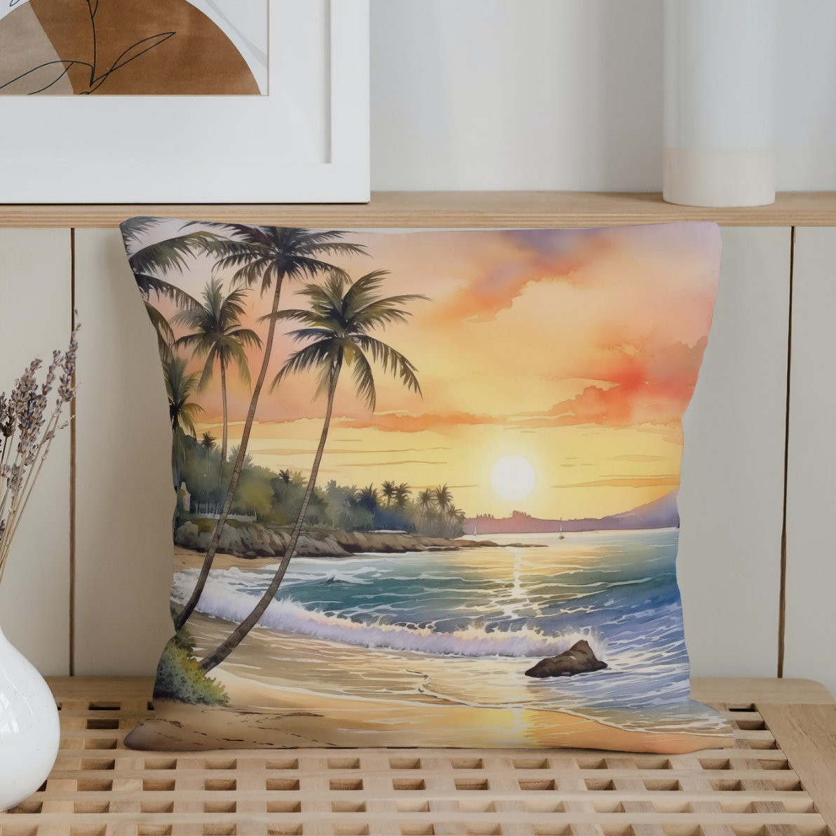 Watercolor Summer Sunset Serenity Throw Pillow