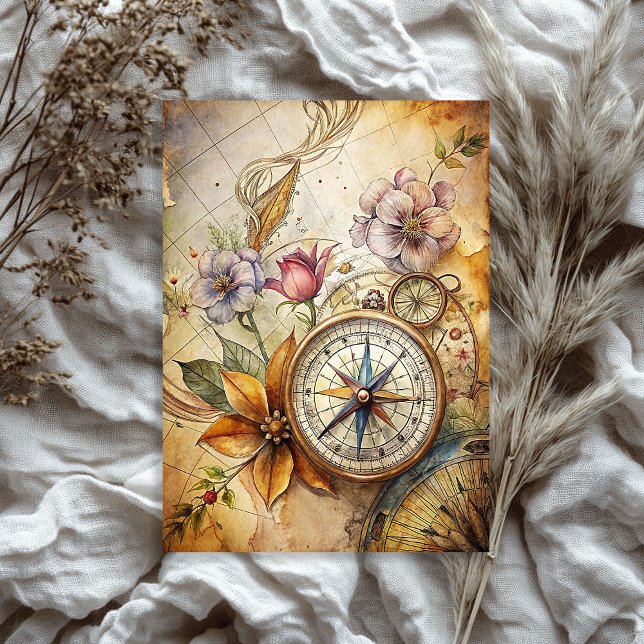 Watercolor summer travel retro floral compass  tissue paper (Watercolor summer travel retro floral compass tissue paper)
