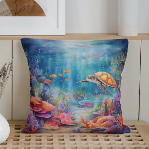 Watercolor Summer Underwater World Throw Pillow