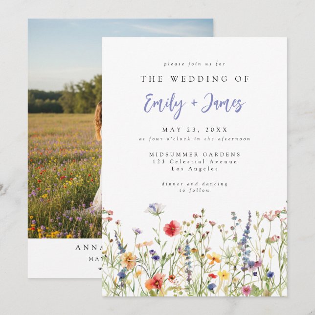 Watercolor Summer Wildflower Photo Wedding Invitation (Front/Back)