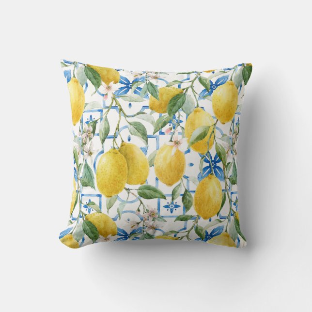 Watercolor Summer Yellow Lemon Blue Sicilian Tiles Throw Pillow (Front)