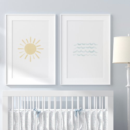 Watercolor Sun and Waves Beach Nursery Wall Art Sets