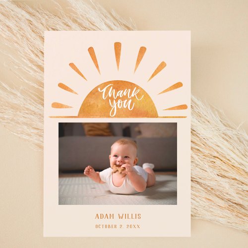 Watercolor Sun Custom Baby Photo Baby Shower Thank Thank You Card
