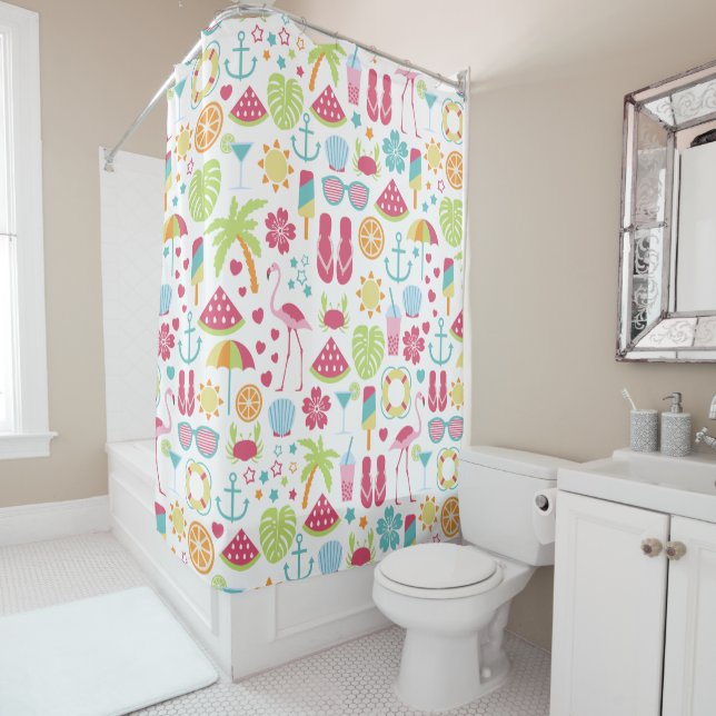 Watercolor Sun Flip Flop Summer Beach Themed Shower Curtain (In Situ)