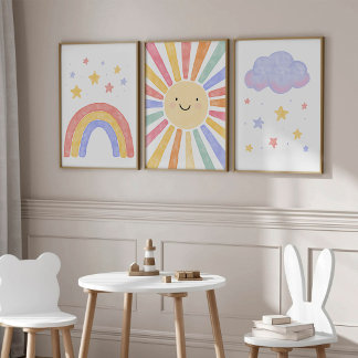 Watercolor Sun Rainbow Cloud Kids Wall Art Sets