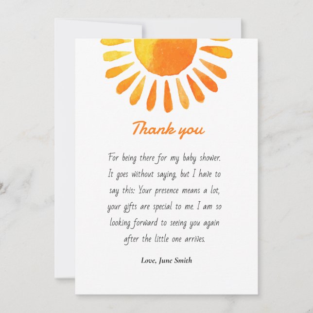 Watercolor sun rays baby shower thank you card (Front)