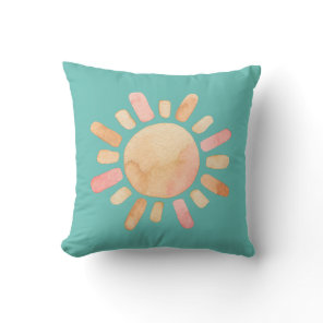 Watercolor Sun Turquoise Throw Pillow
