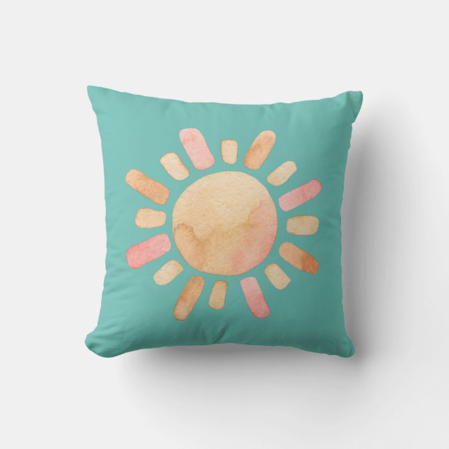 Watercolor Sun Turquoise Throw Pillow (Front)