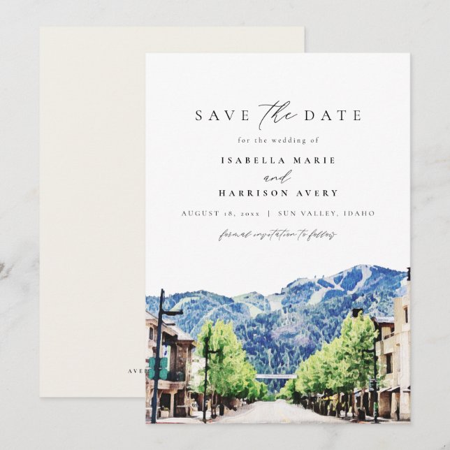 Watercolor Sun Valley Idaho Mountain Save the Date Invitation (Front/Back)