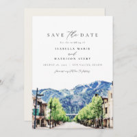Watercolor Sun Valley Idaho Mountain Save the Date