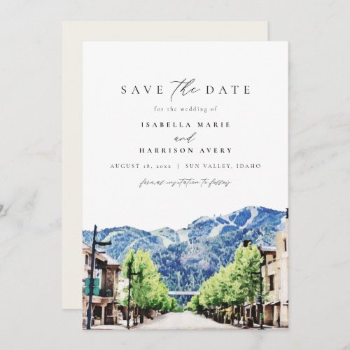 Watercolor Sun Valley Idaho Mountain Save the Date Invitation