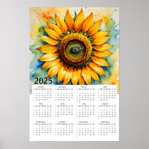 Watercolor Sunflower 2025 Calendar Poster