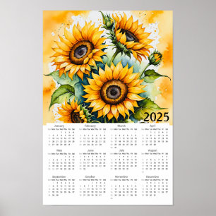 Watercolor Sunflower 2025 Calendar Poster
