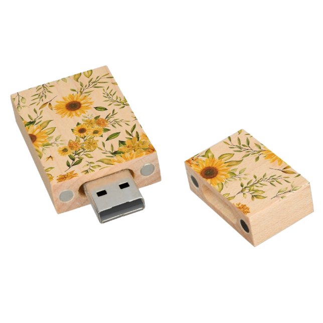 Watercolor Sunflower 8 Wood Flash Drive (Angled)