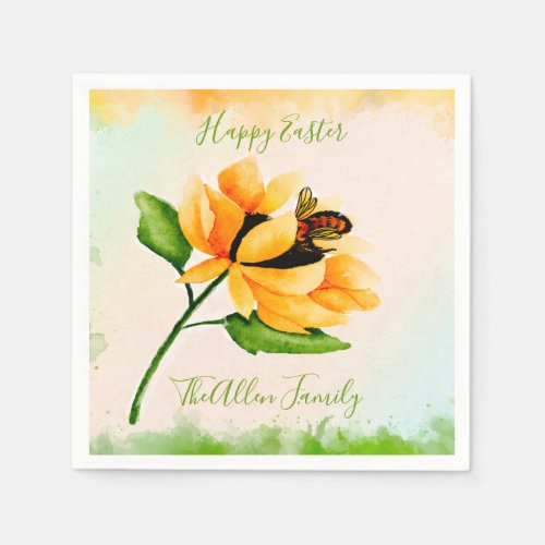 Watercolor Sunflower and Bee Easter Paper Napkin