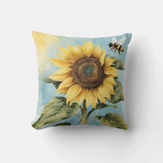 Watercolor Sunflower and Bee Throw Pillow