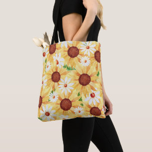 Watercolor Sunflower and Daisy Pattern Tote Bag