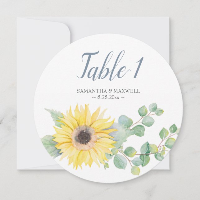 Watercolor Sunflower and Eucalyptus Table Number (Front)