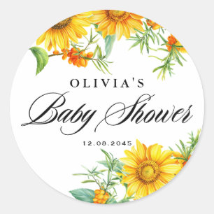 Watercolor Sunflower and Seabuckthorn Baby Shower Classic Round Sticker