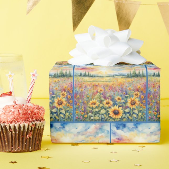 Watercolor Sunflower and Wildflower Field Wrapping Paper (Birthday Party)